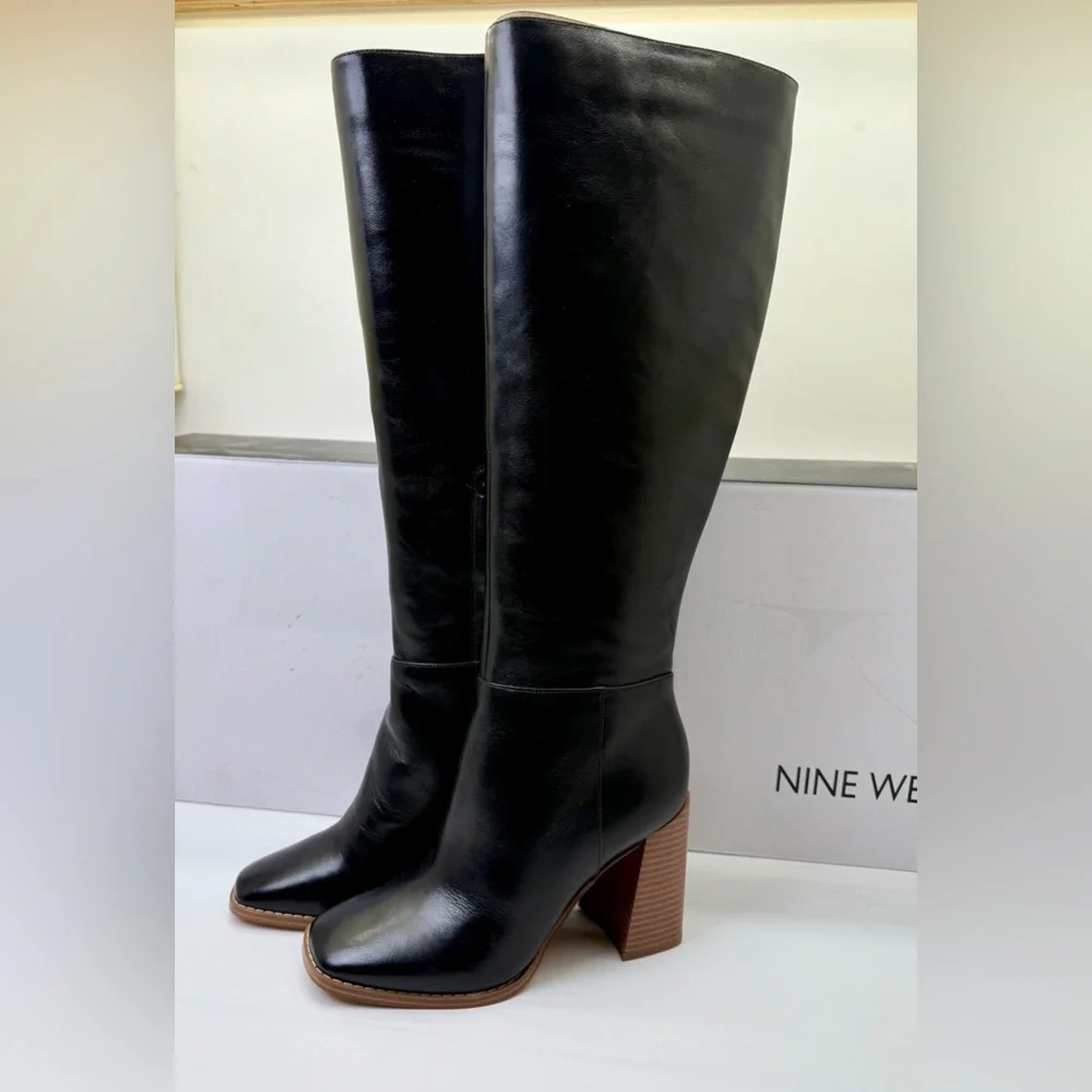 Nine West Tall Black Leather‎ Block Heel Boots – Size 5 – New in Box